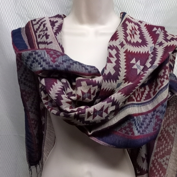 Women's  Southwest Style Oversize Tassel Shawl Scarf Wraps, Navy, Burg and Tan, - Picture 1 of 9